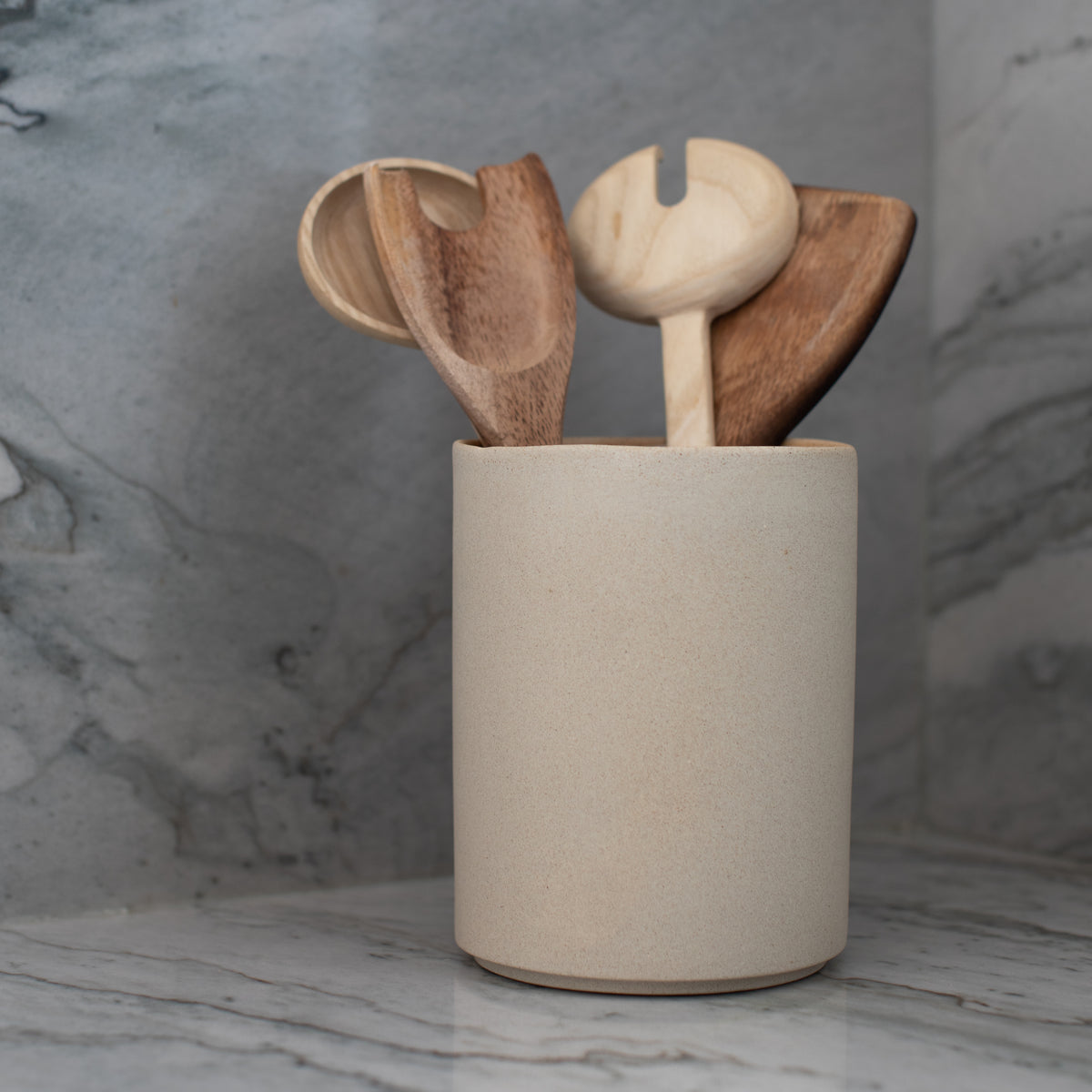 Handcrafted Beige Marble Utensil Crock