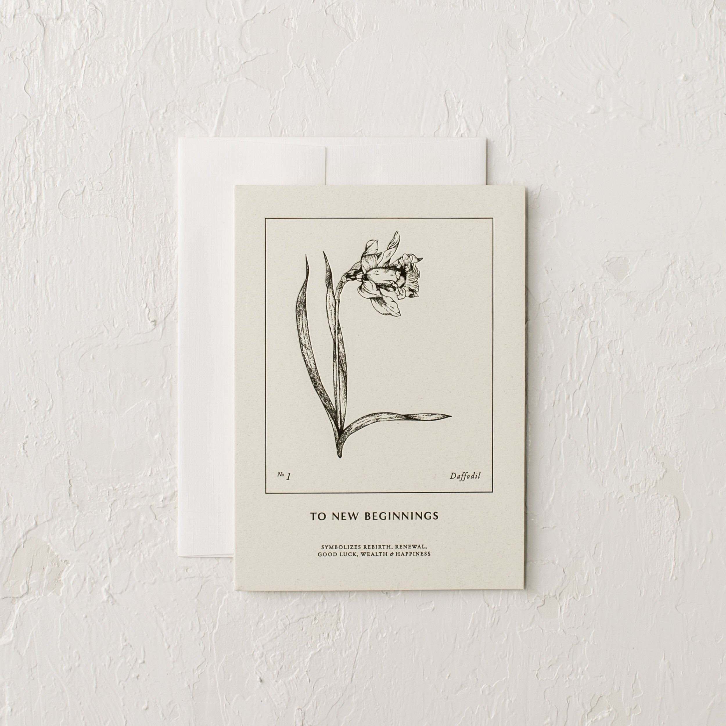 Botanical letter pressed illustration of a Daffodils - To New Beginnings - Symbolizes Rebirth, Renewal, Good Luck, Wealth and Happiness. Designed and sold by Shop Verdant Kansas City Gift Store.