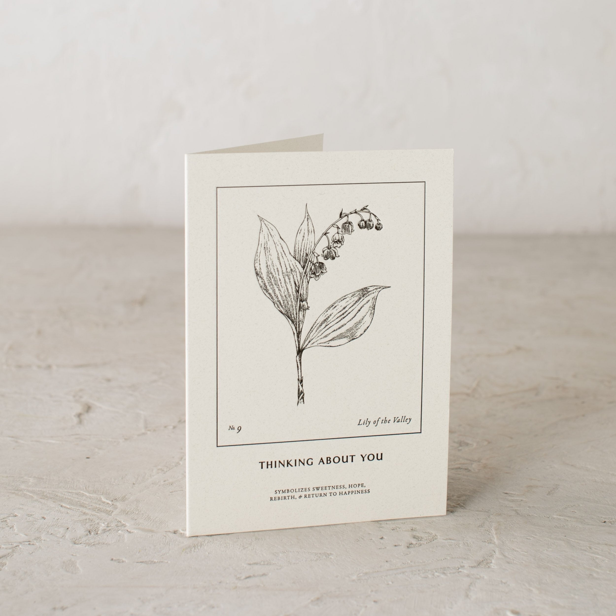 Letter pressed greeting card with a botanical illustrated Lily of the Valley, "Thinking About You" - Symbolizes sweetness, hope, rebirth and return to happiness." Designed and sold by Verdant, Kansas City.