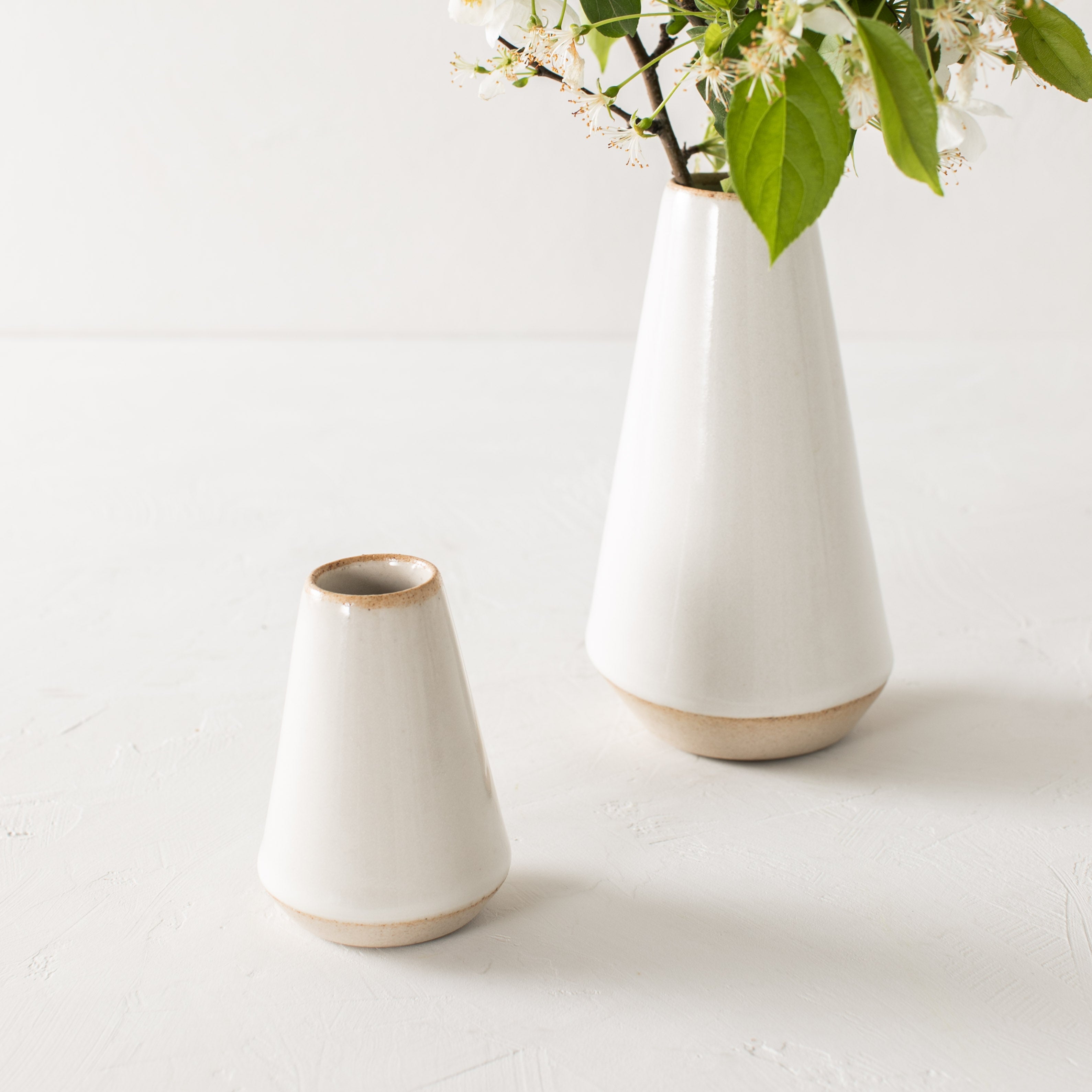 Two minimal white tapered bud vases side by side, seven inch and 4 in. 7 in has a white blossom branch inside. Handmade ceramic bud vase designed and sold by Convivial Production, Kansas City ceramics.